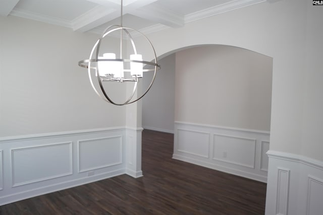 509 Malachite Ln, Chapin, SC 29036 - interior space featuring wainscoting, dark wood finished floors, beam ceiling, an inviting chandelier, and a decorative wall