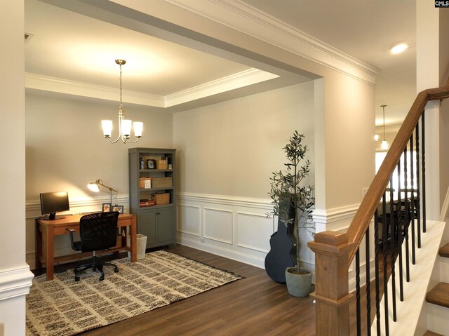 433 Outer Banks Dr, Lexington, SC 29072 - office space featuring a chandelier, dark wood-style flooring, ornamental molding, and a wainscoted wall