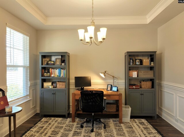 433 Outer Banks Dr, Lexington, SC 29072 - office area with wood finished floors, a raised ceiling, a chandelier, crown molding, and a decorative wall