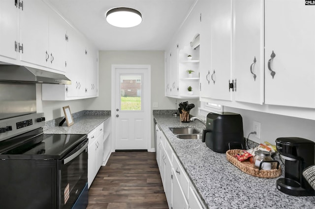 kitchen with electric range oven, open shelves, a sink, under cabinet range hood, and white cabinetry