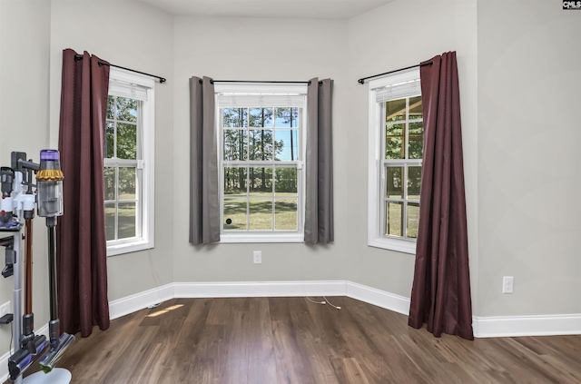 spare room featuring baseboards, dark wood finished floors, and plenty of natural light
