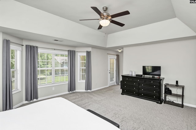 bedroom with access to outside, carpet, a ceiling fan, baseboards, and visible vents