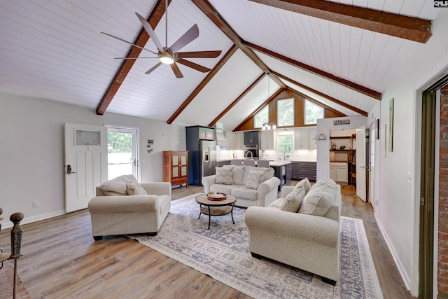 living area featuring baseboards, lofted ceiling with beams, light wood-style flooring, and ceiling fan