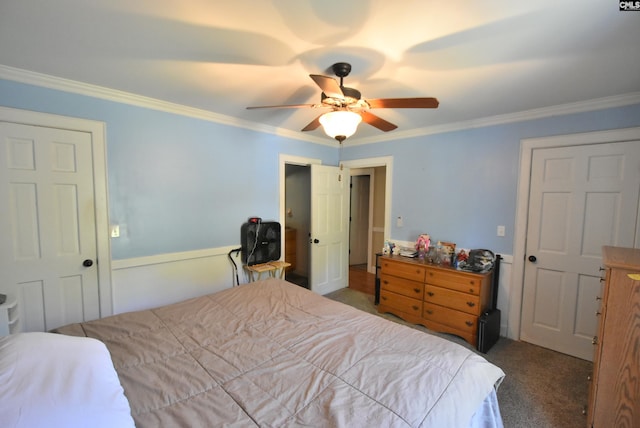 carpeted bedroom featuring a ceiling fan and ornamental molding