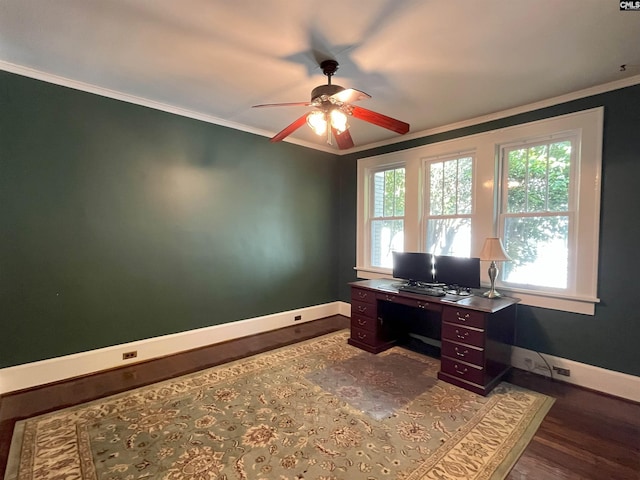 office featuring baseboards, a ceiling fan, dark wood finished floors, and ornamental molding