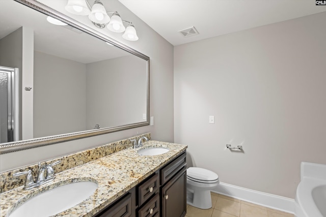 bathroom featuring a sink, tile patterned flooring, toilet, and visible vents