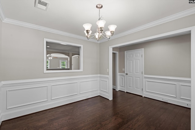 unfurnished dining area featuring visible vents, ornamental molding, a chandelier, and dark wood-style floors