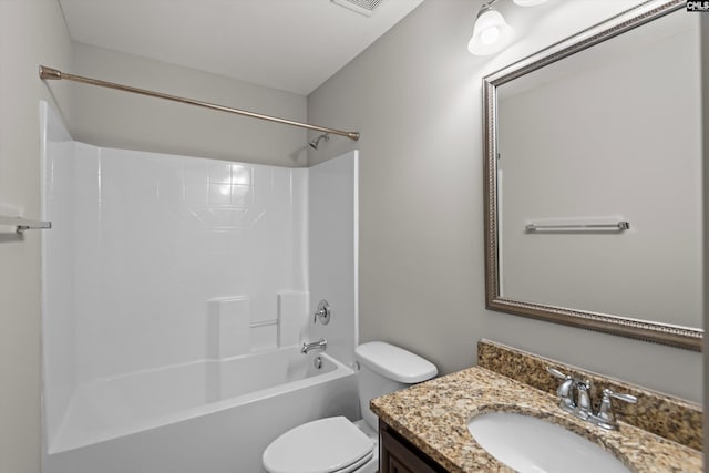 full bath featuring vanity, shower / bathing tub combination, visible vents, and toilet