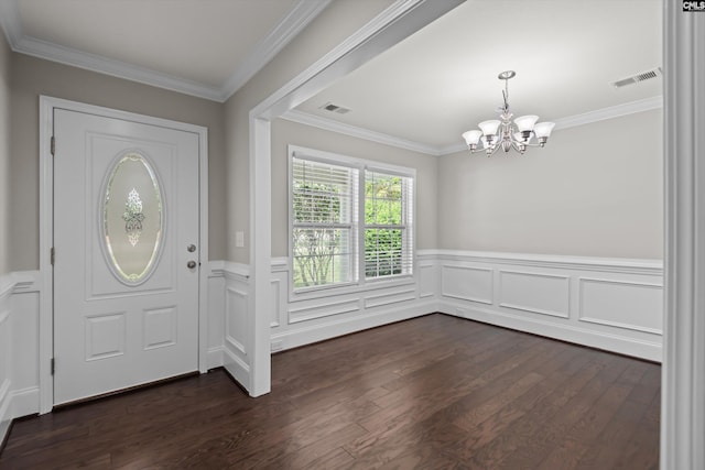 entryway with a chandelier, visible vents, and dark wood finished floors