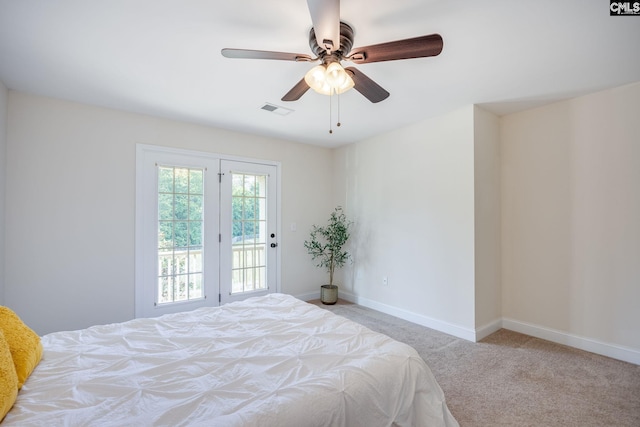 bedroom featuring visible vents, carpet floors, access to exterior, baseboards, and ceiling fan