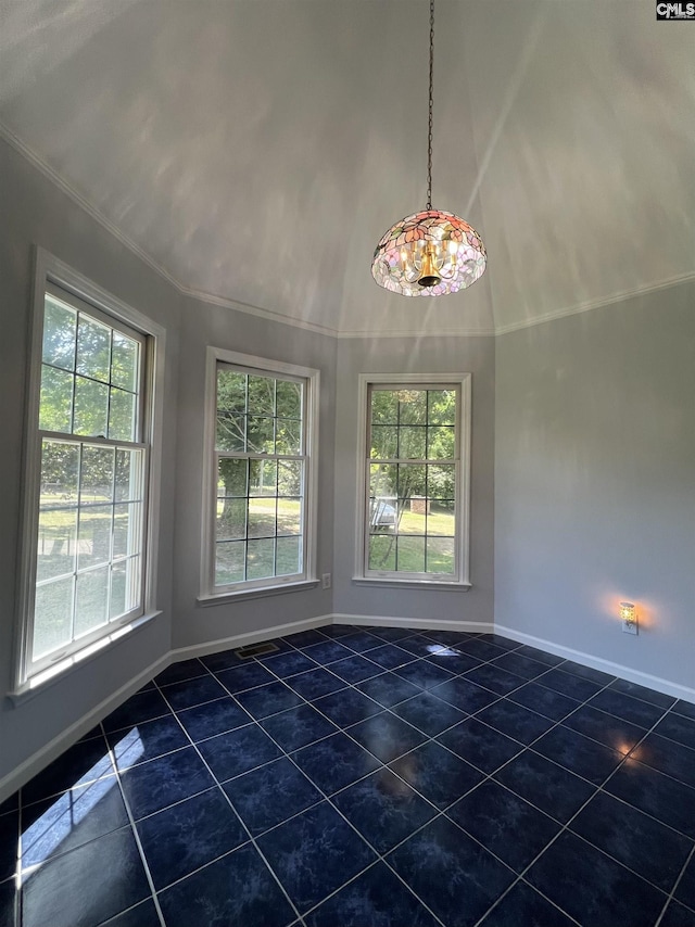 unfurnished dining area featuring dark tile patterned floors, baseboards, and plenty of natural light