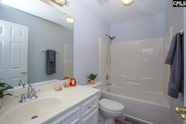 full bathroom featuring toilet,  shower combination, visible vents, and vanity