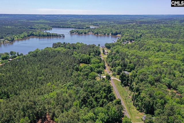 bird's eye view featuring a view of trees and a water view
