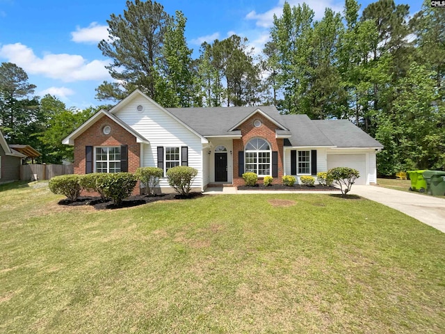 ranch-style house with fence, a front lawn, brick siding, a garage, and concrete driveway