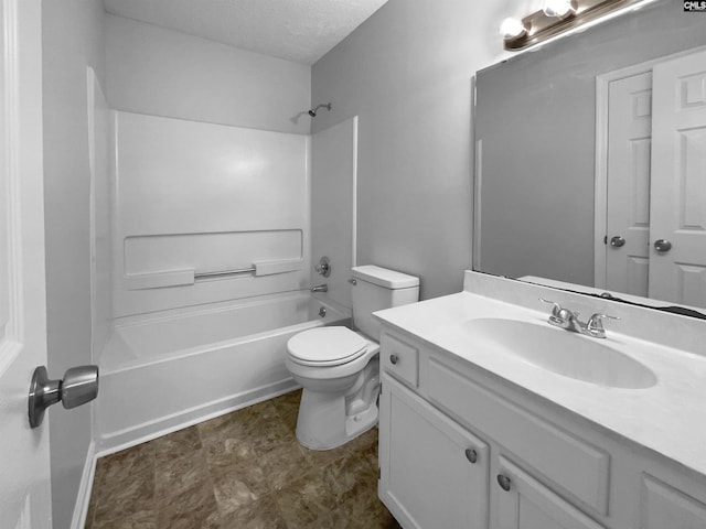 full bath with vanity, a textured ceiling, bathtub / shower combination, and toilet