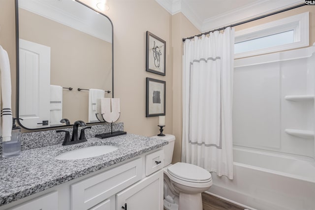 full bathroom with crown molding, vanity, wood finished floors, shower / bath combination with curtain, and toilet