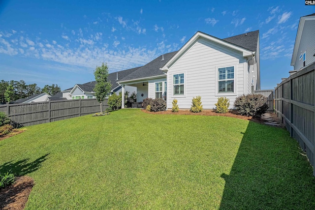 back of property featuring a lawn and a fenced backyard