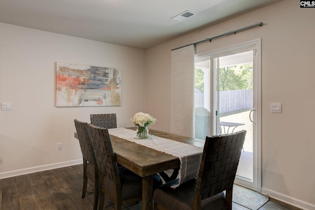 dining room featuring baseboards, dark wood finished floors, and visible vents