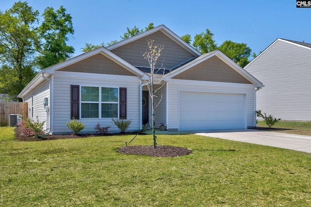 ranch-style house with driveway, fence, cooling unit, a front lawn, and an attached garage