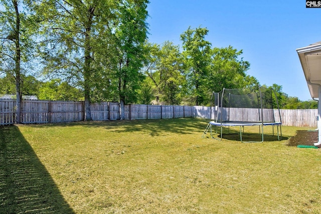 view of yard with a fenced backyard and a trampoline