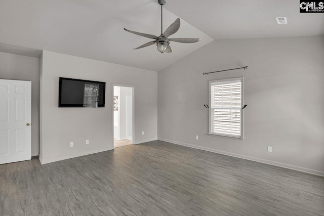 208 Wild Spring Ct, Lexington, SC 29072 - unfurnished living room with baseboards, ceiling fan, vaulted ceiling, and wood finished floors