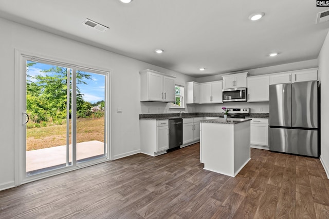 105 Maple Ct, Lugoff, SC 29073 - kitchen with stainless steel appliances, dark countertops, visible vents, and a wealth of natural light