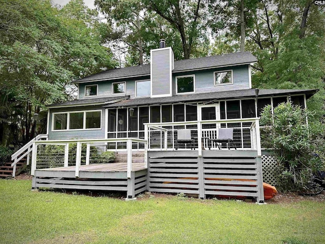 107 Old Sawmill Trl, Chapin, SC 29036 - back of house featuring a sunroom, stairs, a chimney, and a deck