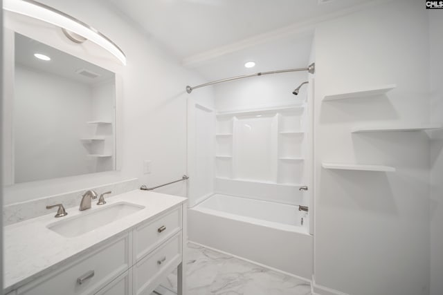 full bathroom featuring shower / tub combination, marble finish floor, and vanity