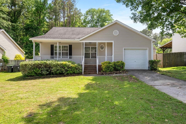 ranch-style house featuring a front lawn, aphalt driveway, fence, an attached garage, and a porch