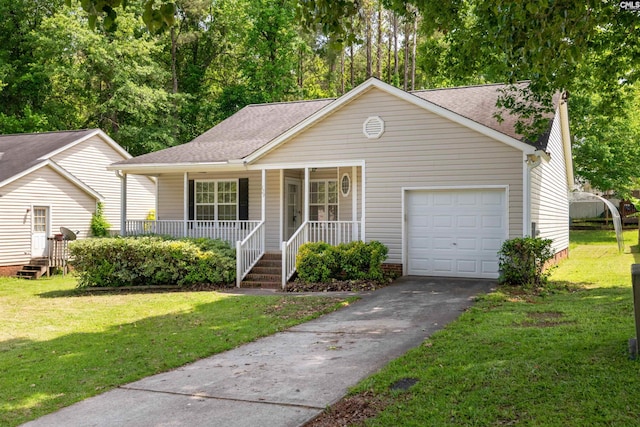 ranch-style home with a porch, a shingled roof, driveway, and a front lawn
