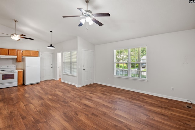 unfurnished living room featuring baseboards, a ceiling fan, dark wood finished floors, and lofted ceiling