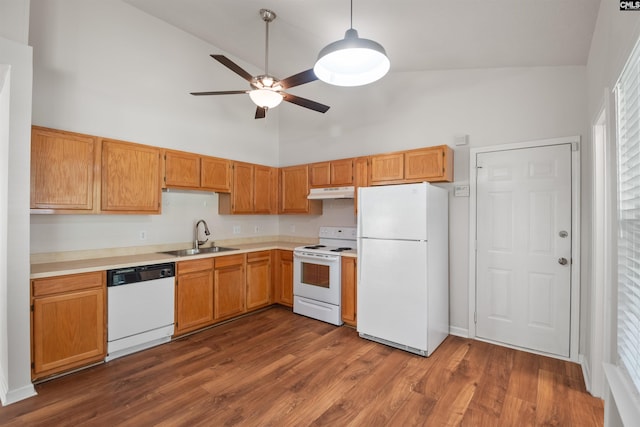 kitchen featuring ceiling fan, a sink, white appliances, high vaulted ceiling, and under cabinet range hood