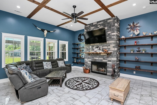 living area with visible vents, a ceiling fan, marble finish floor, and baseboards