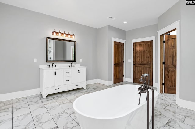 bathroom featuring visible vents, a sink, baseboards, marble finish floor, and recessed lighting