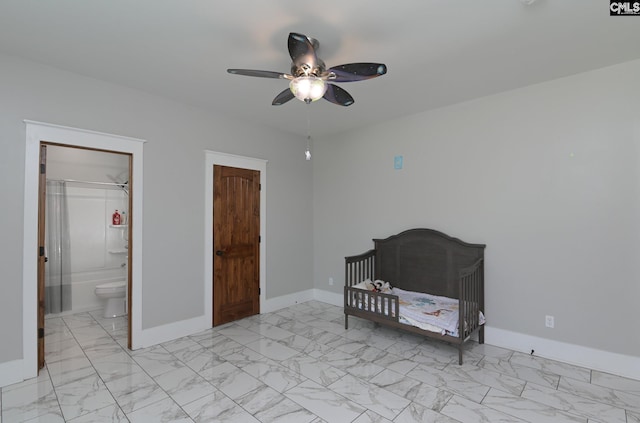 bedroom with baseboards, a ceiling fan, and marble finish floor