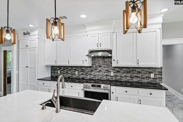 kitchen with a sink, electric stove, white cabinetry, under cabinet range hood, and visible vents