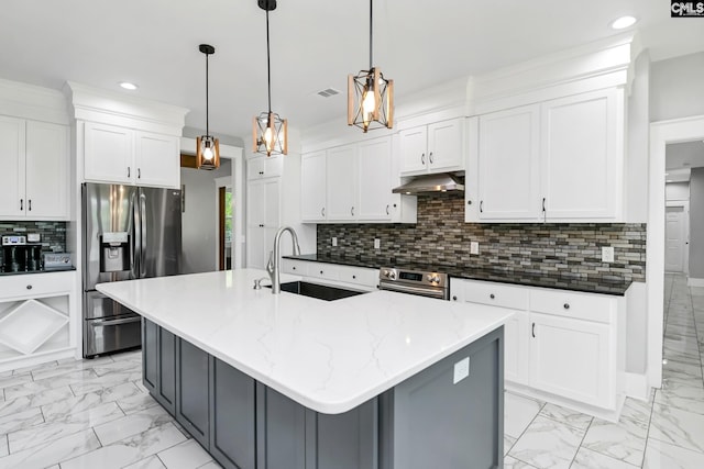 kitchen with marble finish floor, wall oven, stainless steel refrigerator with ice dispenser, recessed lighting, and a sink