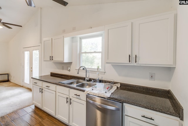 1916 Chandler Ave, Columbia, SC 29210 - kitchen featuring a sink, high vaulted ceiling, a ceiling fan, white cabinetry, and stainless steel dishwasher