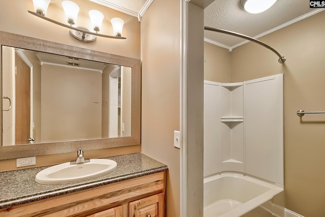 full bath with crown molding, vanity, and shower / bathing tub combination