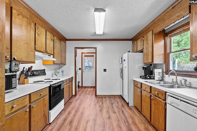 kitchen featuring brown cabinets, a sink, white appliances, a textured ceiling, and under cabinet range hood