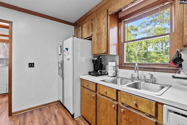 kitchen with a sink, light countertops, brown cabinets, and wood finished floors