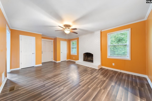 unfurnished living room with dark wood-type flooring, baseboards, a ceiling fan, and a fireplace