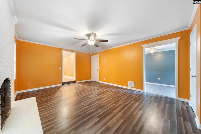 unfurnished living room featuring ceiling fan, crown molding, visible vents, and dark wood-style flooring