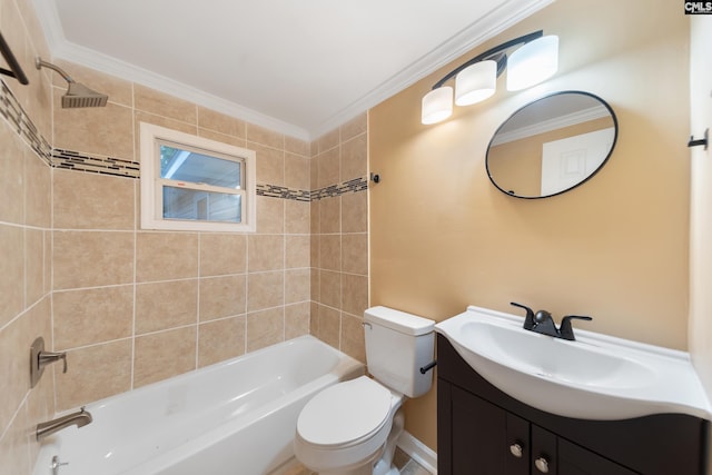 bathroom with ornamental molding, toilet, washtub / shower combination, and vanity