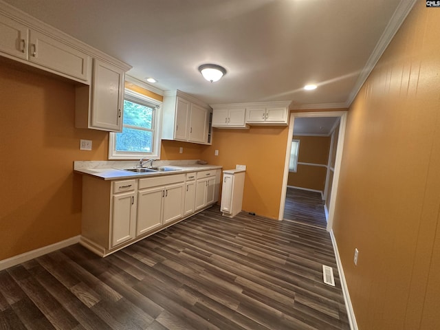 kitchen with baseboards, dark wood-style flooring, visible vents, a sink, and crown molding