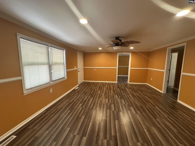 spare room featuring recessed lighting, baseboards, ceiling fan, crown molding, and wood finished floors