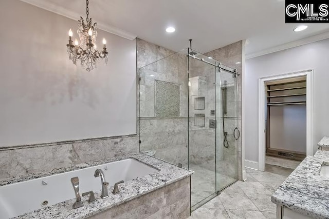 121 Cove View Dr, Irmo, SC 29063 - bathroom featuring a tub with jets, ornamental molding, a shower stall, and marble finish floor