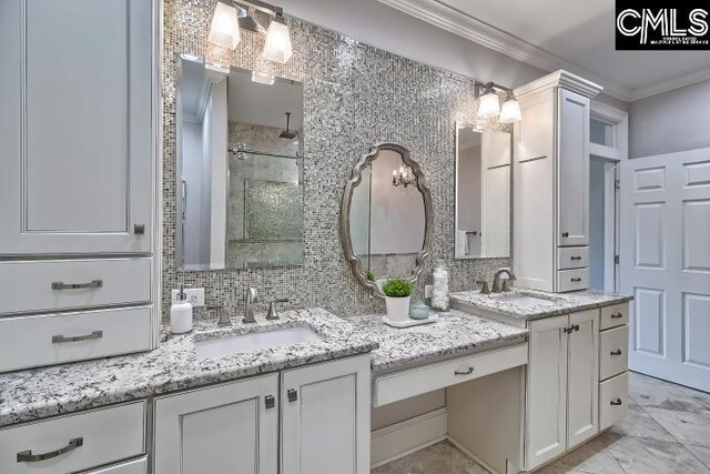 121 Cove View Dr, Irmo, SC 29063 - bathroom with double vanity, ornamental molding, tasteful backsplash, a sink, and a shower stall