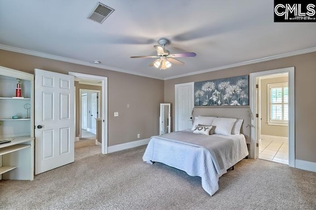 121 Cove View Dr, Irmo, SC 29063 - bedroom featuring visible vents, baseboards, crown molding, and light carpet