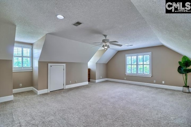 121 Cove View Dr, Irmo, SC 29063 - additional living space with visible vents, a textured ceiling, a wealth of natural light, and vaulted ceiling